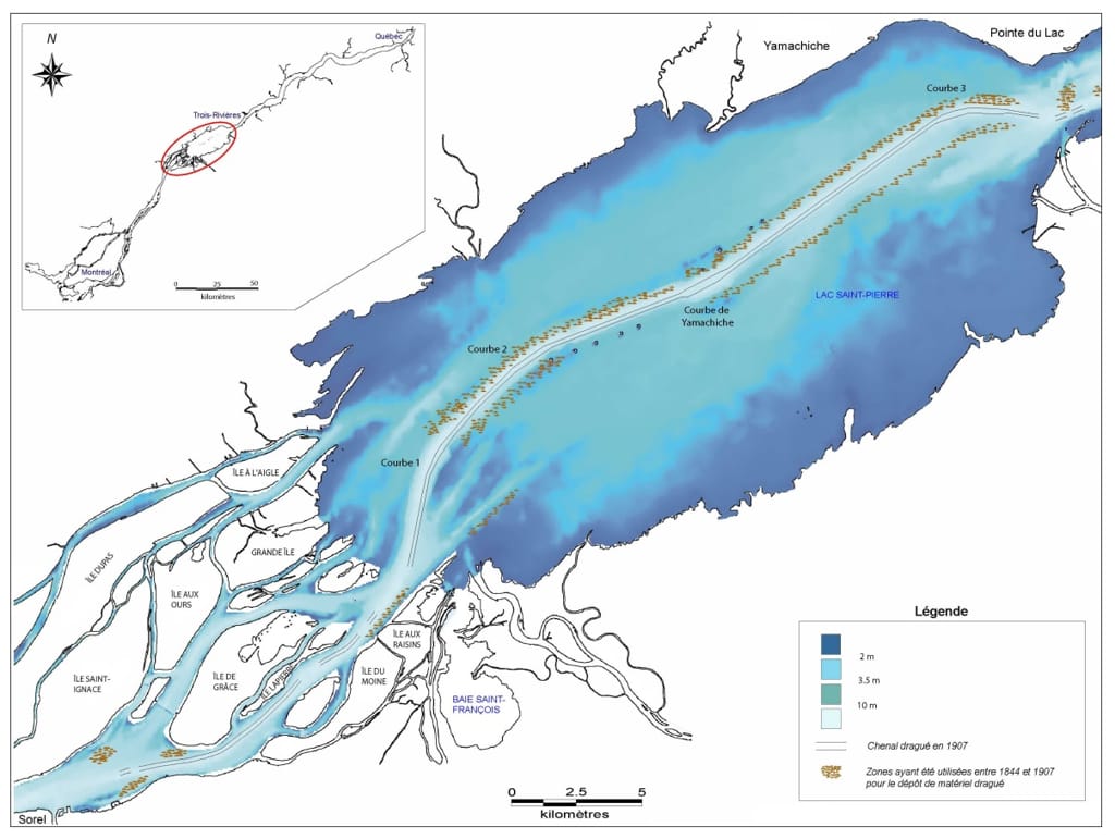 Évolution des zones utilisées pour le dépôt de matériel dragué dans le lac Saint-Pierre, figure 5 dans Côté et Morin, 2007a.