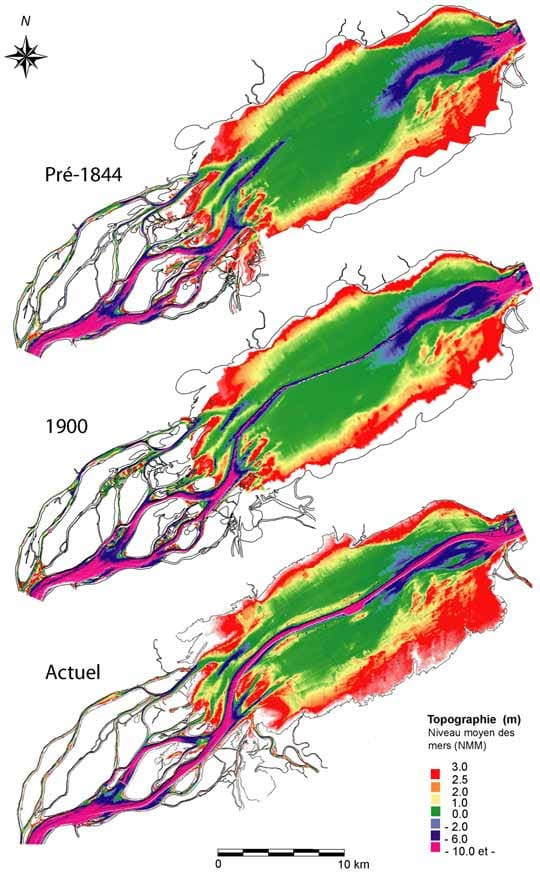 Reconstitution numérique en deux dimensions du lac Saint-Pierre à différentes époques, figure 8 dans Morin et Côté, 2003.