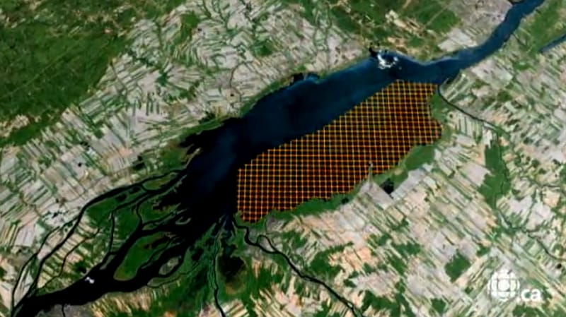 Tracé approximatif de la zone de tir du Centre d’essais et d’expérimentation des munitions de Nicolet. Source : Découverte – Pêcheurs d’obus, 2010