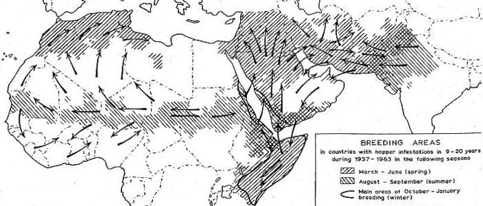 Aires de grégarisation des criquets pèlerins cartographiées entre 1937 et 1963